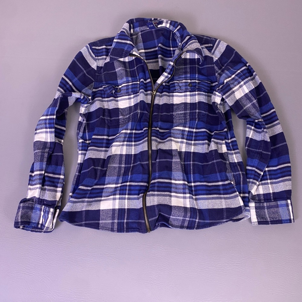 Chaps Denim Flannel Shirt Women's Petite XL PXL‎ Blue Plaid Full Zip Cotton *